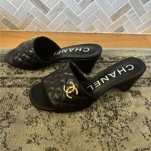 Chanel Style Quilted Black Mules with Gold Accent